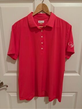 Greg Norman Women’s Shirt Polo Pink Tennis Stretch XL collar EUC Logos